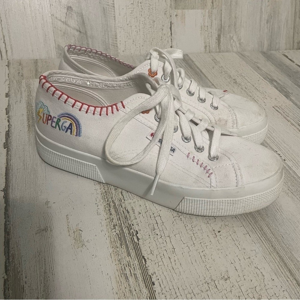 Superga 2740 Happy‎ Logo Colorful Embroidered Platform Sneakers White size 7.5